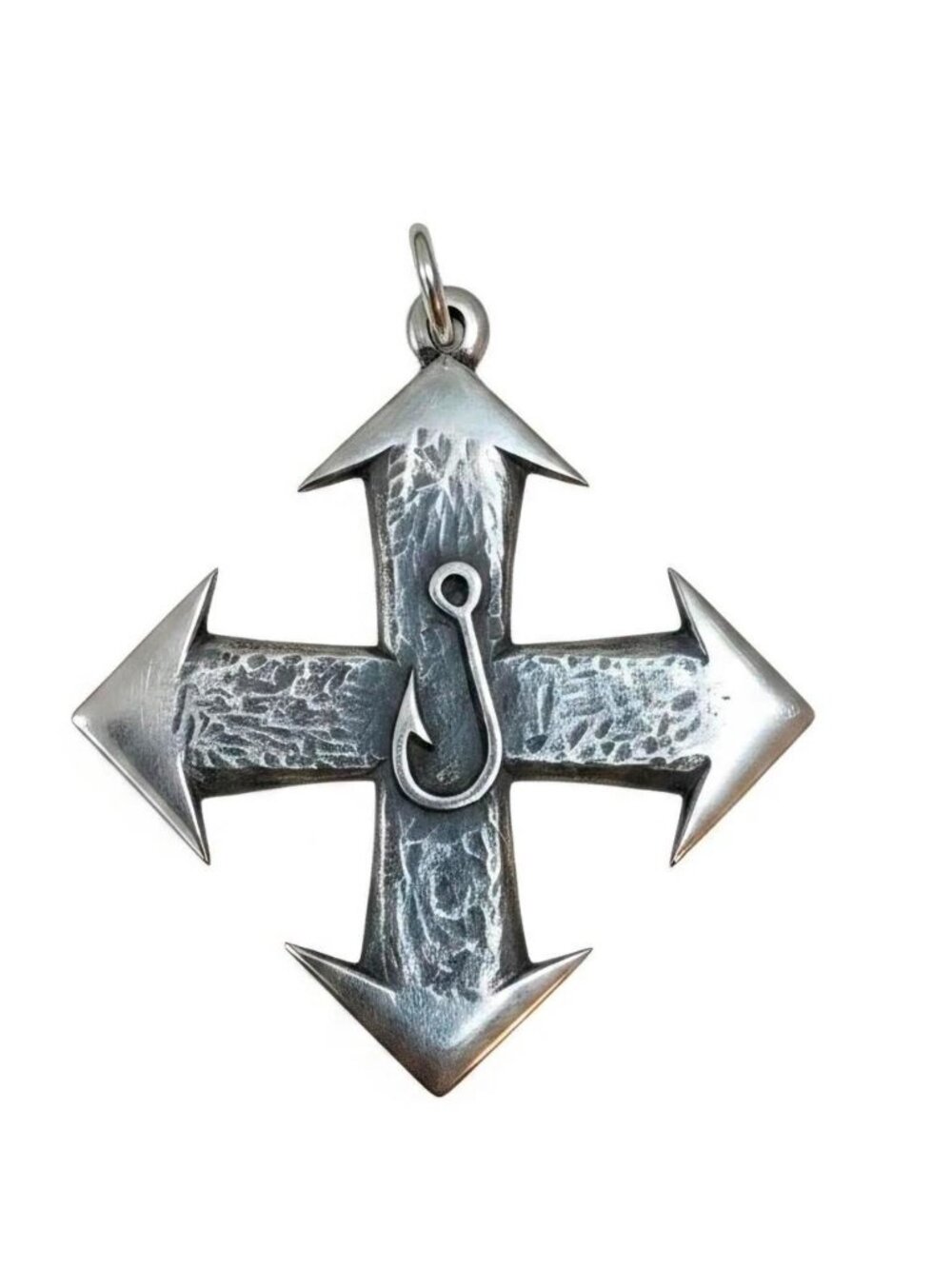 James Avery large silver retired mens cross arrow pendant with fishing hook with